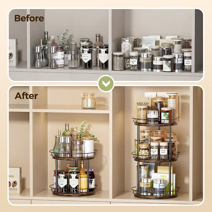 LAMU 12'' Lazy Susan Turntable Organizer, 3 Tier Round Rotating Spice Rack Organization for Kitchen Cabinet and Countertop, Wooden Lazy Susan for Table Top, Pantry, Bathroom, Vanity, Home Decor