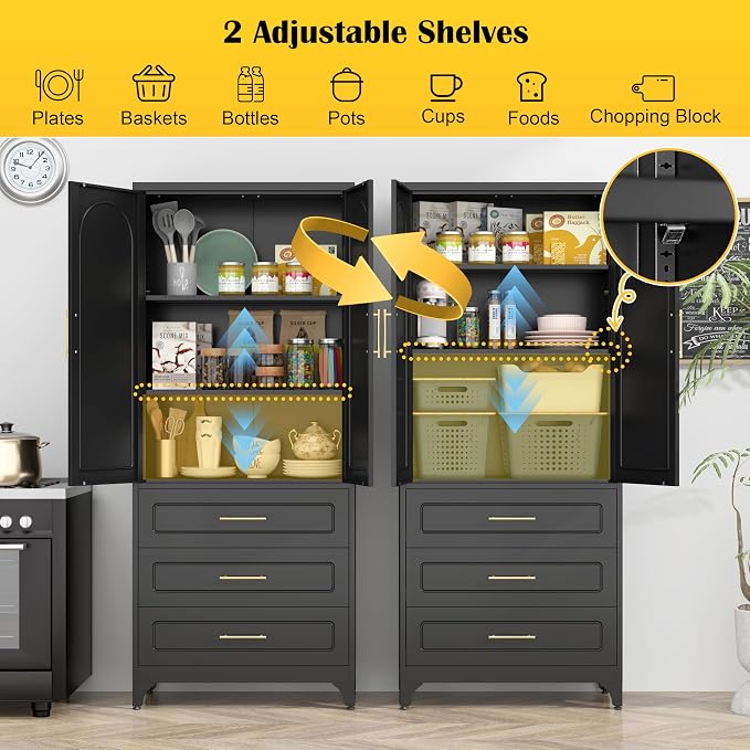 SteeLoong 75”Kitchen Pantry Cabinet, Metal Storage Cabinet with 3 Drawers | Black Pantry Cabinets for Kitchen Storage with 2 Adjustable Shelves,Tall Freestanding Cupboard for Living Room,Kitchen,Garage