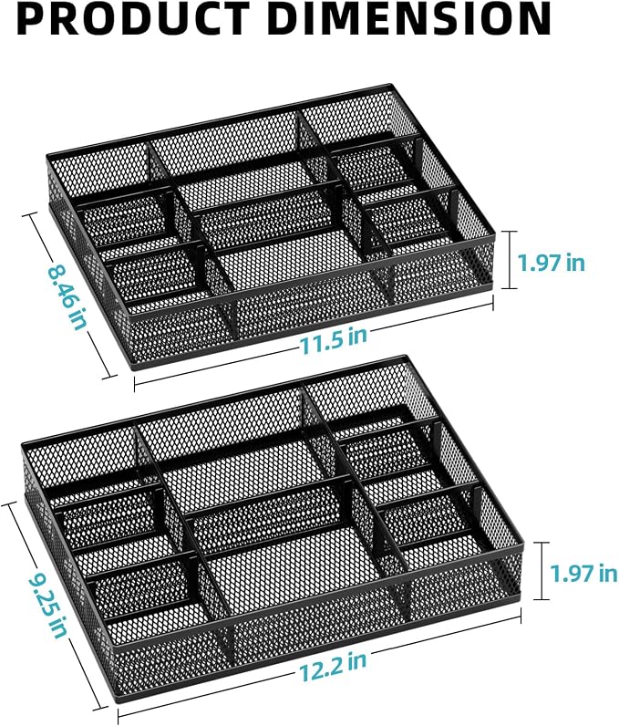 Marbrasse 2 Pack Desk Drawer Organizer, Mesh Drawer Organizer Tray with 8 Adjustable Compartments, Desk Organizers and Accessories, 5 Dividers Drawer for Office Supplies, Makeup & Vanity (Black)