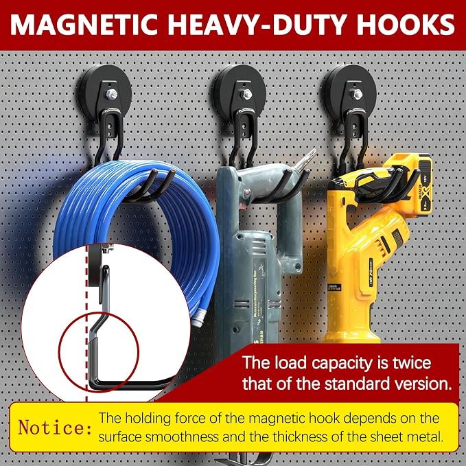 3-H Heavy Duty Magnetic Hooks,No-Drill Garage Power Tool Holder, 4 Pack | Patented Extended Right-Angle Support boosts load capacity. Works on iron & steel surfaces, perfect for workshop,shed