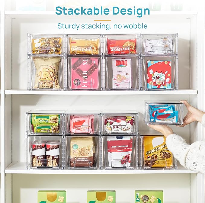 Vtopmart Clear Stackable Storage Drawers, 4 Pack Kitchen Cabinet Set | Medium and Small Pull-Out PET Drawers with Stackable Design for Kitchen Cabinets, Pantry, Under Sink, Medicine