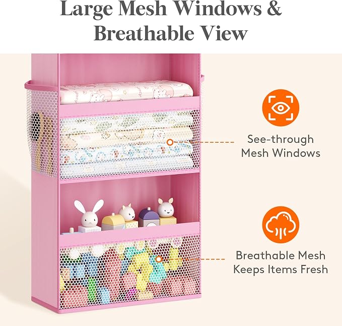 Lifewit Baby Over the Door Hanging Organiser, Hanging Shelves with Transparent Pockets for Stuffed Toys for Children's Room, Baby Items in the Pantry, Bedroom, Wardrobe, (Pink, 5 Tier)
