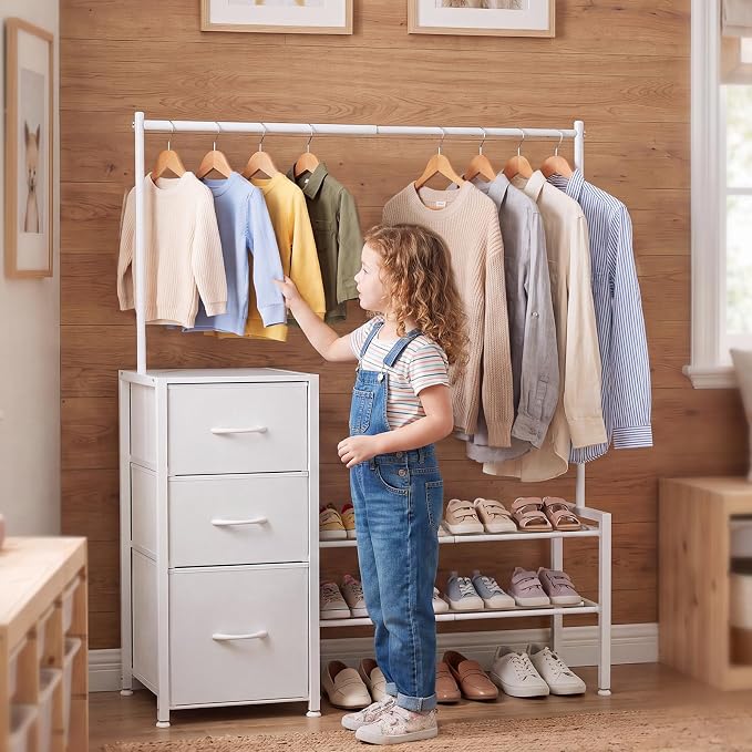 Tall Closet Organizer Dresser 47.2" H x 39.7" W，with Extendable Clothes Hanging Rack & Shoe Rack，3 Fabric Drawers Chest of Drawers,Bedroom, Living Room，Sturdy Frame Easy to Install