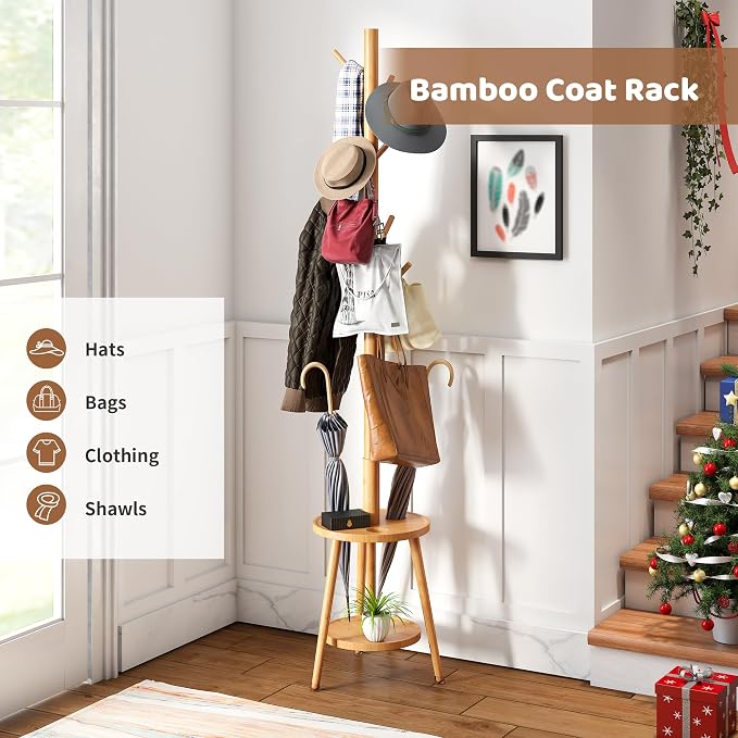 Freestanding Coat Rack with Umbrella Organizer Tray Bamboo Coat Tree Rack with 8 Hook Stand for Clothes Bag Hats Entryway Hanger Stand(Nature)