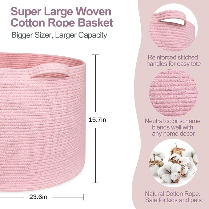 115L Oversized Pink Basket, 23.6"x15.7" Woven Cotton Rope Bin with Handles, XXXL Blanket Storage for Living Room, Kids Toy Storage Bin Box, Baby Laundry Basket for Organizing, Pink Room Decor