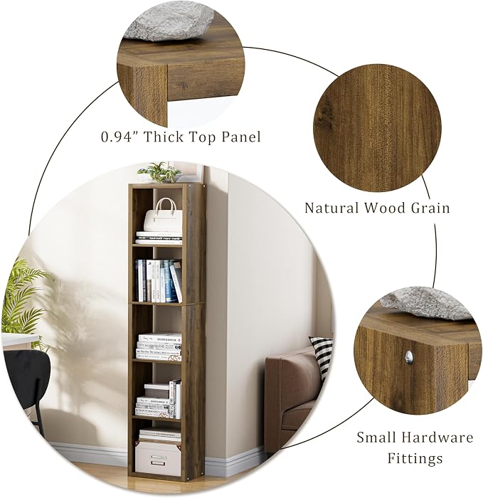 VDNEND Tall Cube Storage Organizer Bookcase, 5 Tier 11 inch Open Back Cubical Shelf with Thickened Border, Display Bookshelf for Living Room, Home Office, Sturdy Room (Brown, 5 Cube,Vertical)