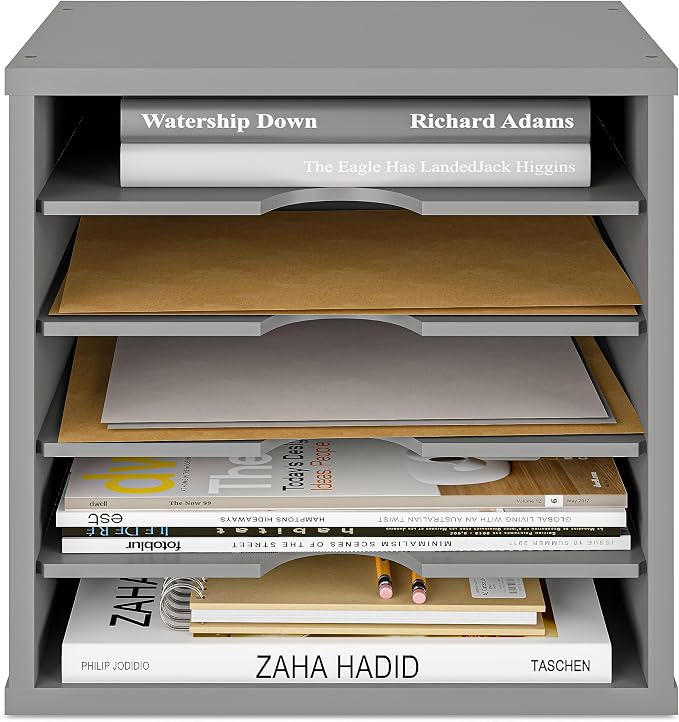 Ballucci 5-Tier File Organizer for Desk, Wooden Mail Sorter, Office Desk Organization, Paper Storage Organizers, Folder Holder for Desk, Letter Trays & Stacking Supports, Gray