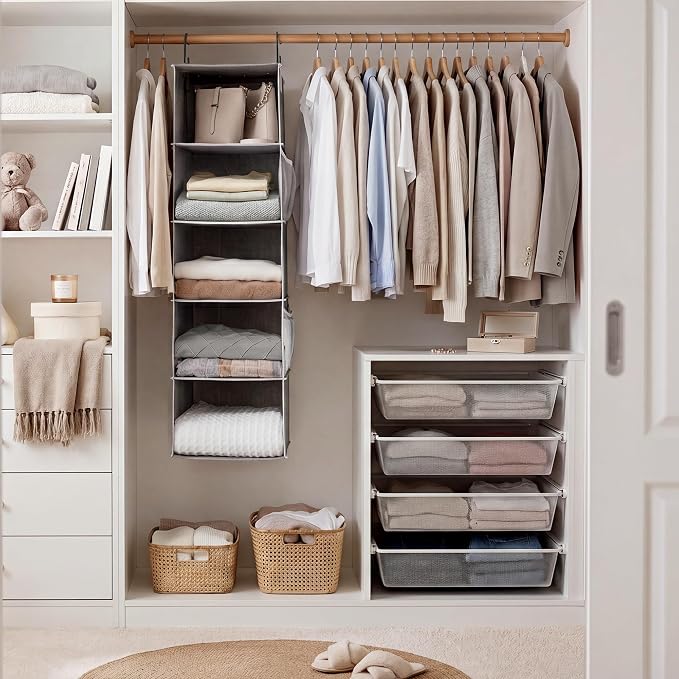 StorageWorks Hanging Closet Organizer, 5-Shelf Hanging Shelves with 2 Hooks, Foldable Space-Saving Design, Closet Organizers and Storage for Bedroom, Dorm, Locker, Gray