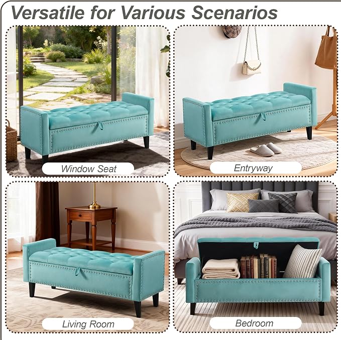 47in Velvet Storage Ottoman Bench with Arms, Upholstered Storage Bench with Wooden Legs, Storage Bench for Bedroom, Living Room, Entryway, Teal