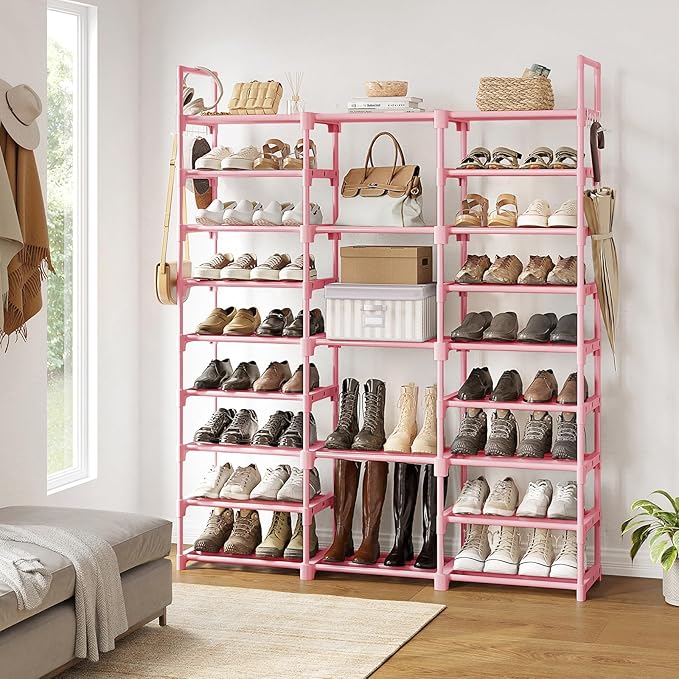 WOWLIVE 9 Tier 3-Column Shoe Rack, 50-55 Pairs Stackable Pink | 50in long for larger entryways. Removable shelves fit tall boots. Split into multiple units for garage/closet.