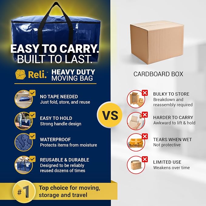 Reli. Moving Bags Heavy Duty (8 Pack) Blue, Extra Large Totes for Storage | for Storage & Packing | Small Space & Dorm Room Essentials | Packing Bags with Handles & Zippers | Alterative to Moving Boxes