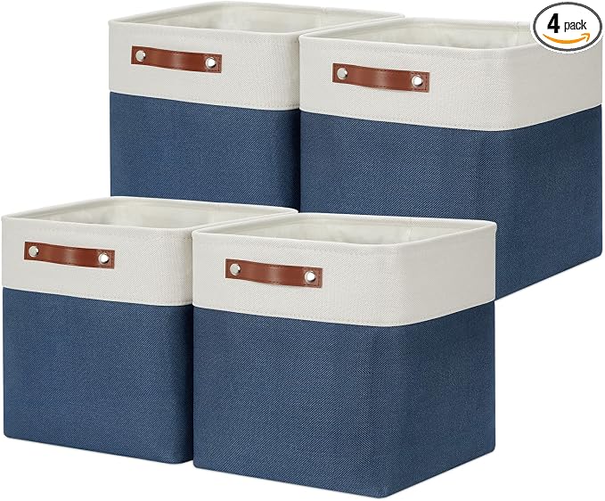 DULLEMELO Foldable Storage Cubes 12 x 12 Organizer Bins,Canvas Storage Bins Empty Gift Baskets for Organizing with SturdyLeather Handles, Closet Baskets for Nursery Storage(4 Pack - 12" White&Blue)