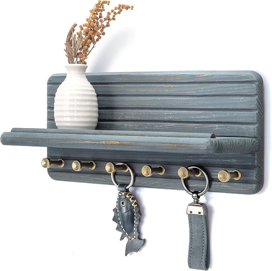 Rebee Vision Key Holder Wall Mount with Shelf for Home Decor, RoyalBlue | Key Holder for Wall, 6 Key Hooks,Pine Wood, Floating Shelf, Mail Organizer, Apartment Essential for Room Improvement