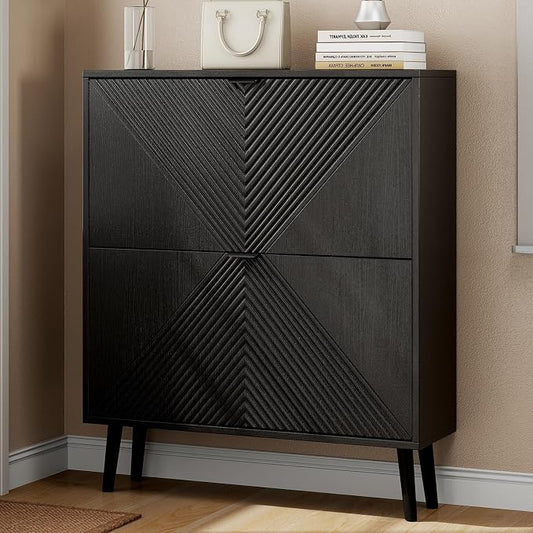 oakvivo Shoe Cabinet Storage, Farmhouse Freestanding Organizer with 2 Flip Drawers and 4 Wooden feet, Narrow Shoe Rack Cabinet for Entryway, Foyer, Hallway, Black
