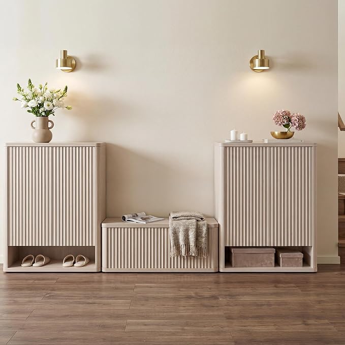 SICOTAS Shoe Cabinet 44 inch Tall Fluted Shoe Cabinet with Doors & 4 Shelves Wooden Large Hidden Shoe Storage Organizer Modern Free Standing 6-Tier Cabinet for Entryway Living Room Closet