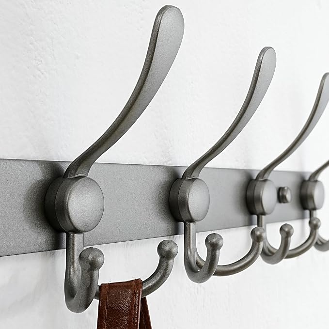Dseap Coat Rack Wall Mount - 38” Long 10-Tri-Hooks Heavy Duty Coat Hanger Rail Wall Hooks for Hanging Coats Hats Clothing Clothes Purse Mudroom Entryway, Gray, Pack of 2