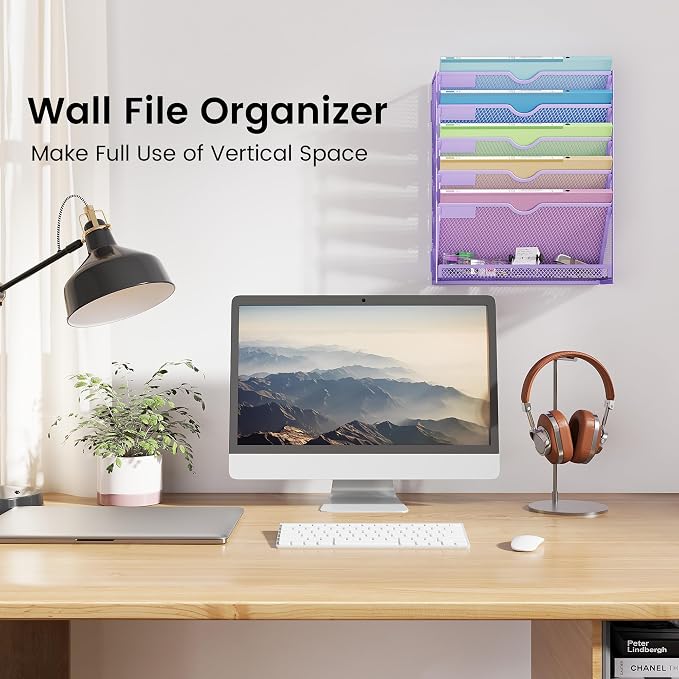 Hanging Wall File Organizer, Desk Organizer with Metal Mesh, 6-Tier | Foldable Document Organizer for Office Desk, Wall Mount Magazine Rack for Mail/Books/Tablet, Purple
