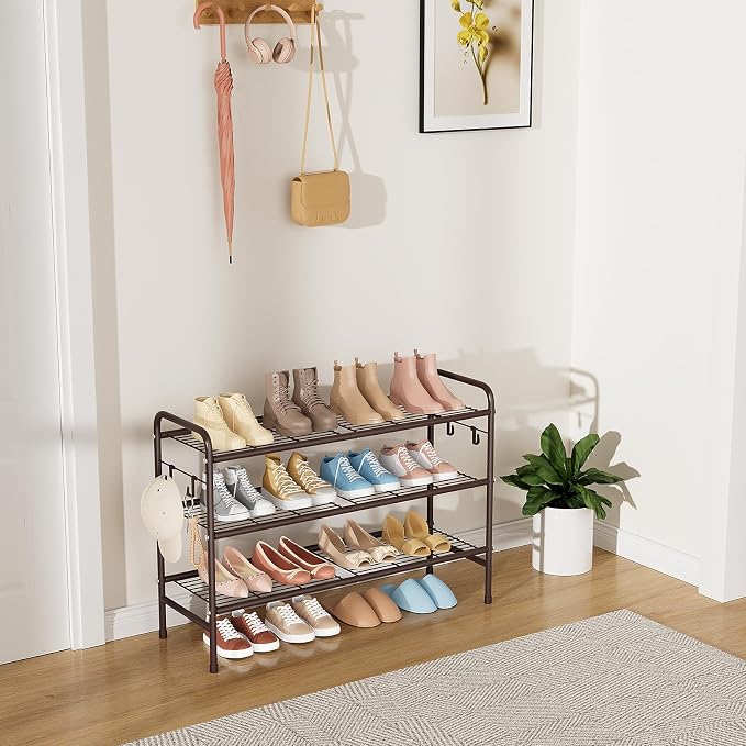 VILICK 3 Tier Shoe Rack 33" Wide Metal Shoe Organizer Long Shoe Storage with 4 Side Hooks Sturdy Shoes Shelf for Front Door Entrance, Closet, Garage, Dorm, Brown