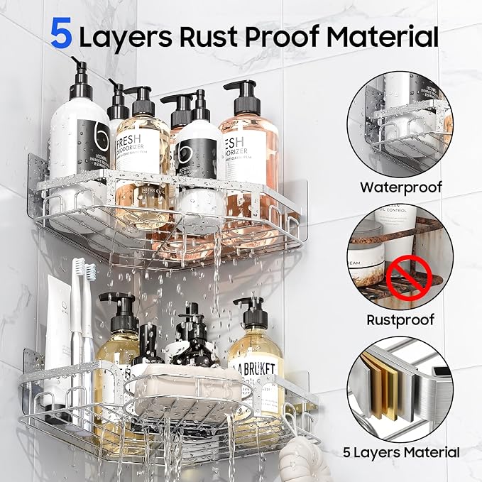 Corner Shower Caddy, Rustproof Shower Organizer with Soap Holder and 8 Hooks, No Drilling Adhesive Shower Shelves for Inside Shower, Large Capacity Shower Rack for Bathroom Shower Storage, Sliver