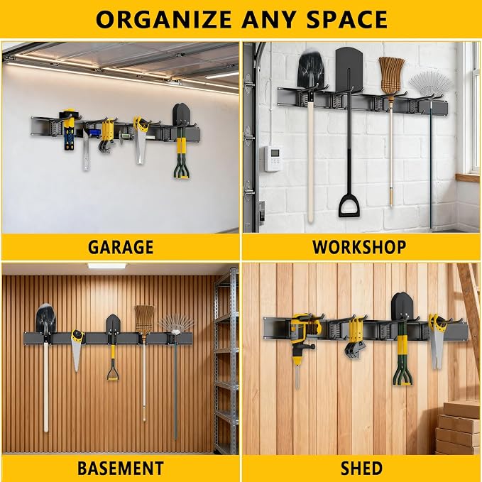 Garage Tool Organizer Wall Mount, Heavy-Duty Garage Storage System and Garden Tool Organizer with Adjustable Hooks for Shovel, Snowboard, Yard Tools and Shed (64"-10hooks)