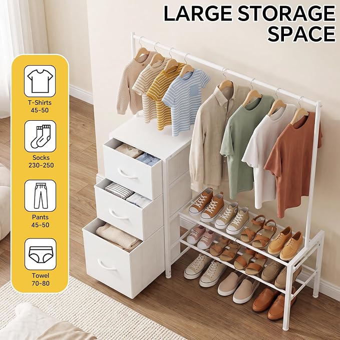 Tall Closet Organizer Dresser 47.2" H x 39.7" W，with Extendable Clothes Hanging Rack & Shoe Rack，3 Fabric Drawers Chest of Drawers,Bedroom, Living Room，Sturdy Frame Easy to Install