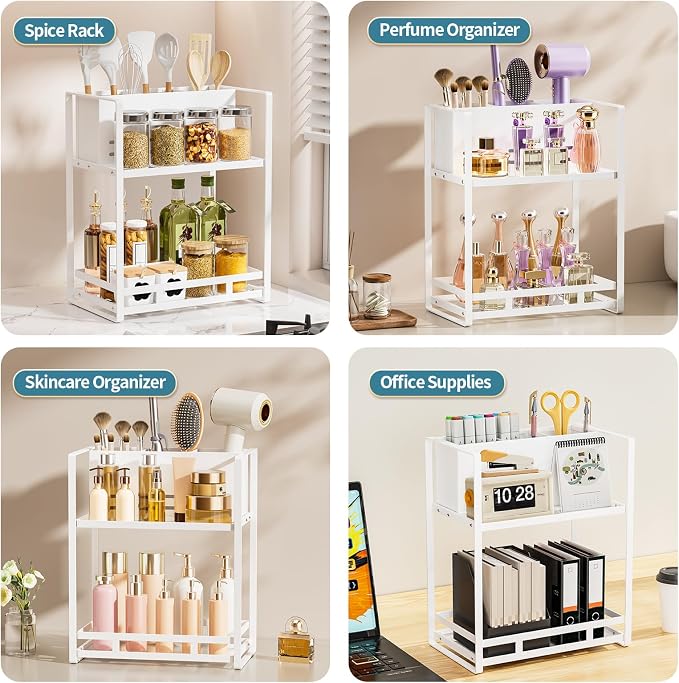 Bathroom Counter Organizer, Metal Vanity Shelf with Hair Dryer Holder | 2 Tier Hair Tool Organizer, Large Capacity Space-Saving, For Perfume, Skincare & Makeup Storage