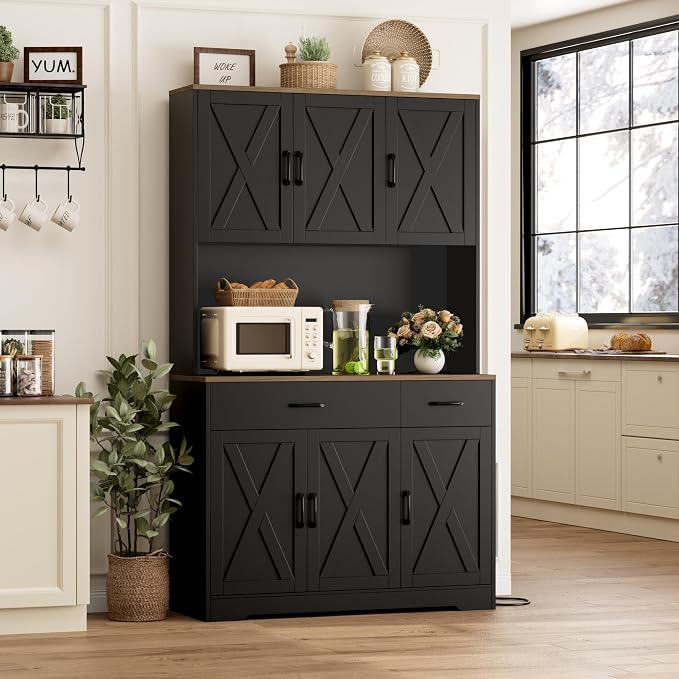 HOSTACK 71"H Kitchen Pantry Storage Cabinet, Farmhouse Hutch Cabinet, Black | Space-Saving Pantry Cabinet with Charging Station & 2 Large Drawers & Adjustable Shelves, Tall Kitchen Hutch for Dining Room