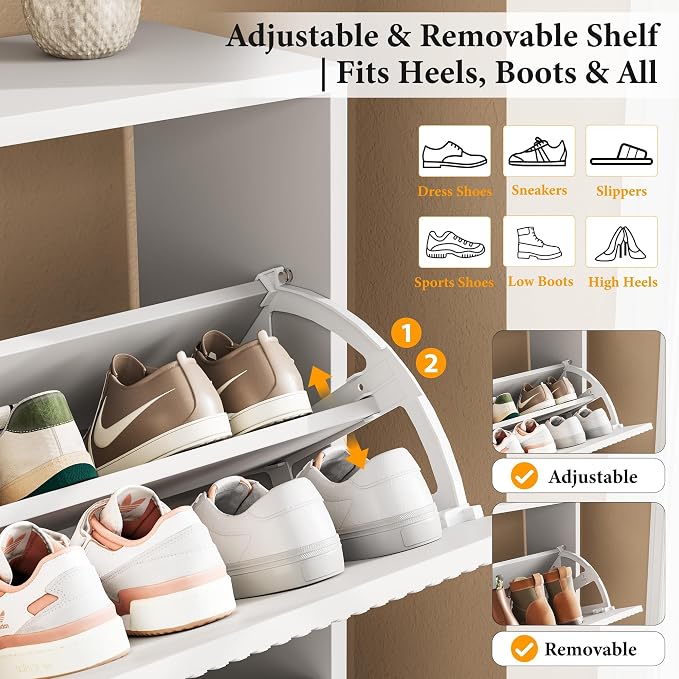 Nicetree Shoe Storage Cabinet for Entryway - 2 Flip Drawers Shoe Cabinet with Tiered Fluted Design - Slim Shoe Storage Rack with Gold Legs - Narrow Shoe Cabinet Hidden Shoe Organizer for Small Spaces