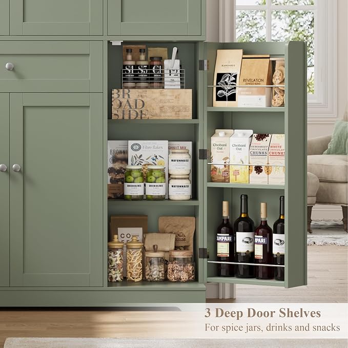 HOSTACK 68" Tall Kitchen Pantry Storage Cabinet with Doors & Shelves, Green | Large Pantry Cabinet with Door Rack, Freestanding Kitchen Storage Cabinet with Drawer, Food Pantry for Dining Living room
