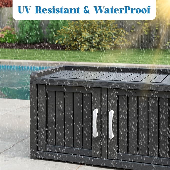 2-Tier Storage Bench, Waterproof UV-Resistant Outdoor Shoe Storage Cabinet with 2 Doors & Adjustable Shelves for Indoor Outdoor Entryway, Hallway, Living Room (Black)