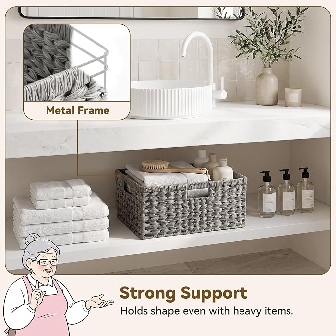 GRANNY SAYS Large Wicker Basket for Storage, Waterproof Basket for Shelves, Storage Basket with Handles, Grey Basket for Storage, 1-Pack