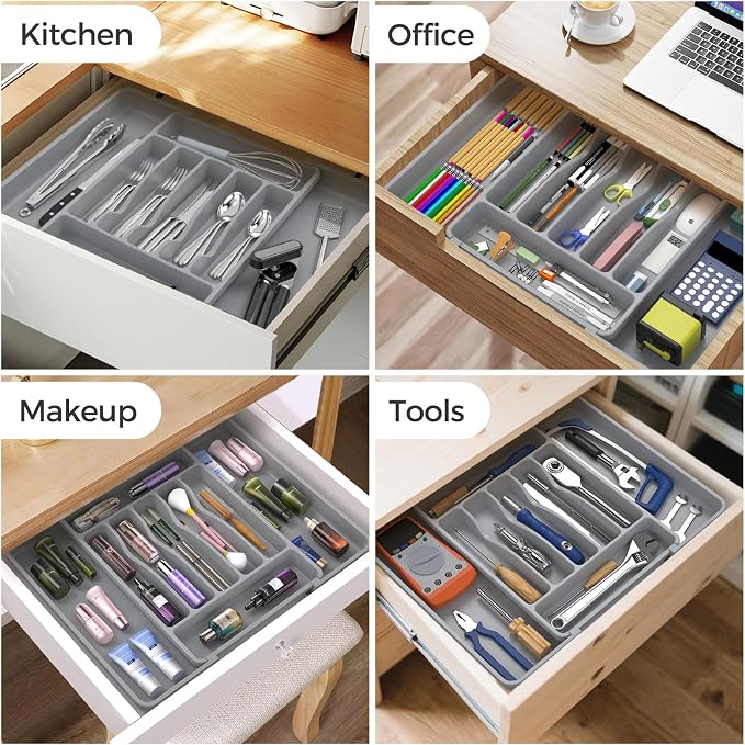 ukeetap Extra Large Expandable Silverware Organizer, BPA-Free Food-Safe Cutlery Flatware Organizer, Kitchen Utensil Drawer Organizer, Adjustable Silverware Holder for Spoons Forks Knives, Gray