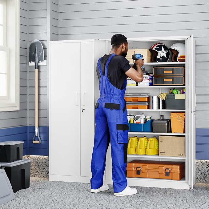 Yizosh Metal Garage Storage Cabinet with 2 Doors and 5 Adjustable Shelves - 71" Steel Lockable File Cabinet,Locking Tool Cabinets for Office,Home,Garage,Gym,School (White)