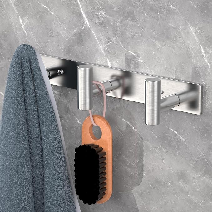 PMMASTO Stainless Steel Coat Rack Wall Mounted, Heavy Duty Metal Hook Rail for Hanging Coats Hats Towels Robes Bags, Modern Wall Hooks Organizer (Silver, 3 "T Hooks, 2 Pack)