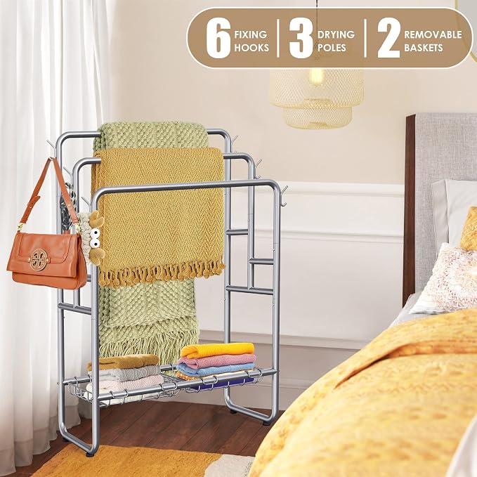 Kayfia 40'' Freestanding 3 Tier Metal Towel Rack, 2 Baskets & 6 Hooks | Dual-Use Drying & Display Rack, Holds Oversized Bath Towels & Blankets, fits Indoor, Bathroom, Bedroom & Outdoor, Silver