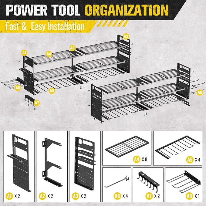 2 Pack Power Tool Organizer Wall Mount, 3-Layer,18 Drill Holders | Large 3-Tier Tool Storage Rack, Heavy Duty 600 lb Load Capacity for Garage Workshop, Black, Gift for Men