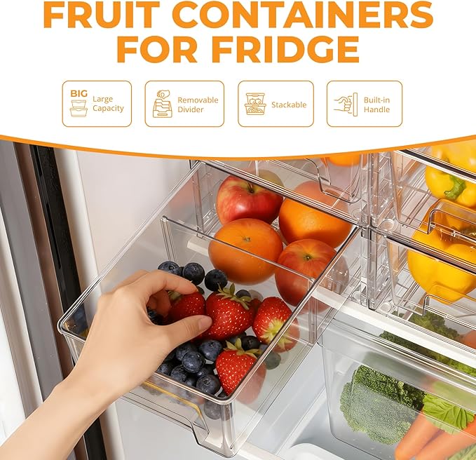 2 Pack Stackable Storage Drawers,Plastic Organizers Bins, Drawers Storage with Handles and Movable Dividers for Organization and Storage in Fridge,Bathroom, Pantry, Kitchen Cabinets, Under Sink