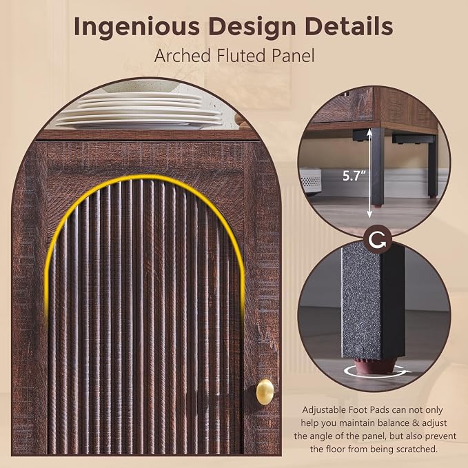 IFGET 34" Tall Modern Arched Sideboard Buffet Cabinet with Storage, Brown | Fluted Arch Sideboard Cabinet w/Adjustable Shelves, Wooden Modular Kitchen Cabinet for Dining& Living Room, Entryway