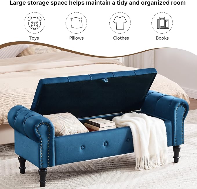 Storage Bench 51" Velvet End of Bed Benches Navy Blue | Queen Size Storage Bench for Bedroom with Rolled Arms Tufted Ottoman Benches Upholstered Bench for Living Room Entryway