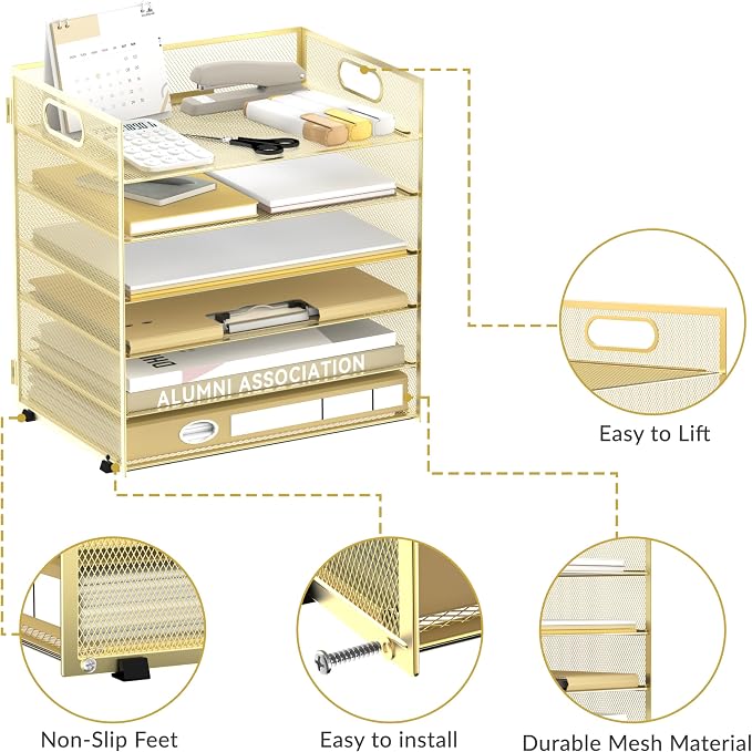 Daltack 6-Tier Paper Organizer for Desk with Handle, Gold | Sturdy Metal Mesh Organizer with Movable Middle Trays and a Carry Handle for Papers, Folders and Office Supplies