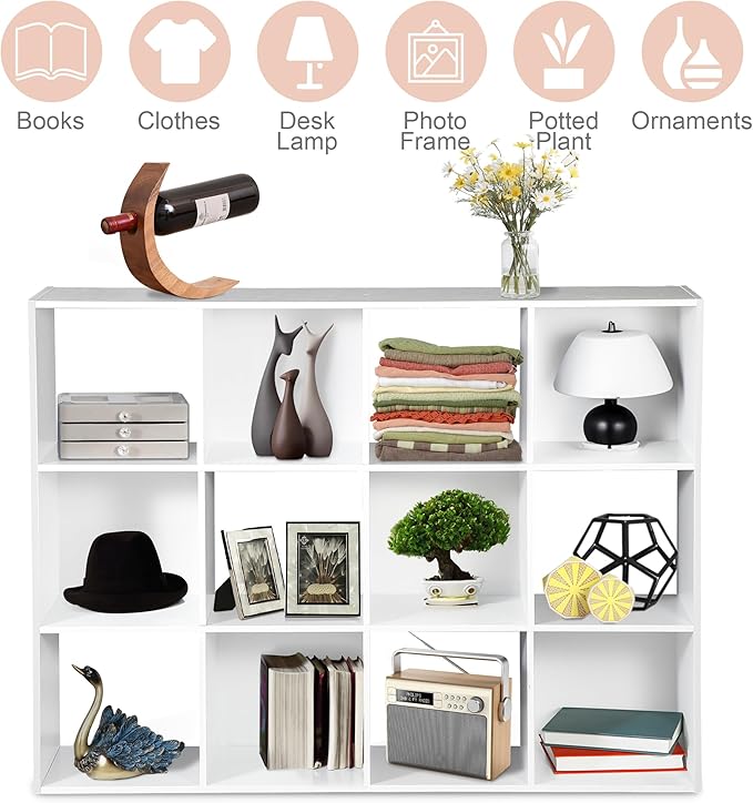 JupiterForce 12-Cube Storage Organizer, Bookcase, Cubical Storage Shelf, Cabinets Organizer, Unit Bookshelf with Back Panel for Living Room Bedroom, White