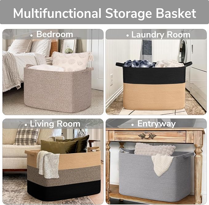 Goodpick 105L Extra Large Woven Blanket Basket, Cotton Rope Storage, Gray | 25 x 16 x 16 in, Rectangle, Blankets, Toys, Pillows & Clothes Storage, Living Room, Bedroom & Nursery Organization