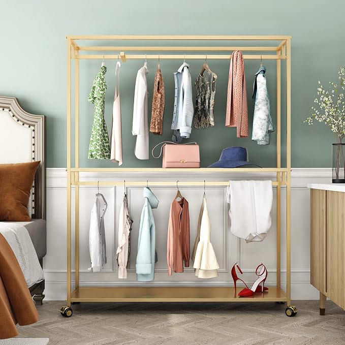 TIEOU Gold Clothes Racks Free-Standing, Gold Clothing Rack with Shelves for Boutiques, Heavy Duty Garment Rack for Hanging Clothes, Large Wardrobe Closet(Only One Shelf)