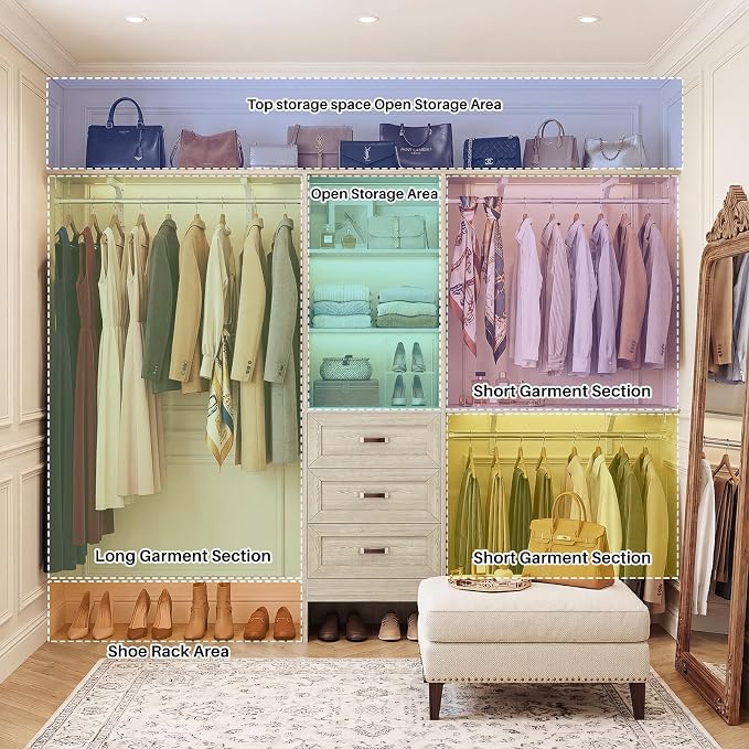 8FT Closet System with 3 Curved Drawers, 96'' Wooden Walk-in Closet Organizer with 3 Top Shelves, Adjustable Organizer System with 3 Hanging Rods, Built-in Wardrobe Storage Rack for 4-8 ft, White Oak