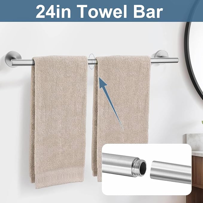 Silver Bathroom Accessories Set, 7 Pieces Silver Towel Bar Bathroom Hardware Set, 24 Inch Towel Racks for Bathroom, SUS304 Stainless Steel Bathroom Towel Holder Toilet Paper Holder Wall Mounted