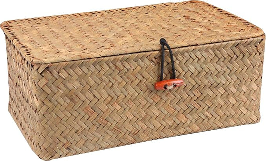 Moosky Wicker Shelf Baskets with Lid,Handwoven Seagrass Basket for Storage Basket Bins Rectangular Home Organizer Gift Boxes (Natural Large)