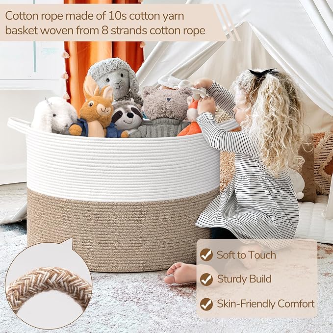 INDRESSME 115L Extra Large Woven Rope Blanket Basket Living Room LightBrown | 23.6" x 15.7" Storage baskets for toys laundry & pillows. Fits living room, bedroom or nursery décor. Soft-touch with handles
