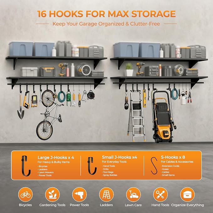 2-Pack 4ft x 16in Heavy Duty Metal Garage Wall Shelving,700lbs Capacity Solid Iron Garage Storage shelves with Sliding Hooks, Wall Mounted Floating Shelves for Workshop,Basement,Tools & Bins,Black
