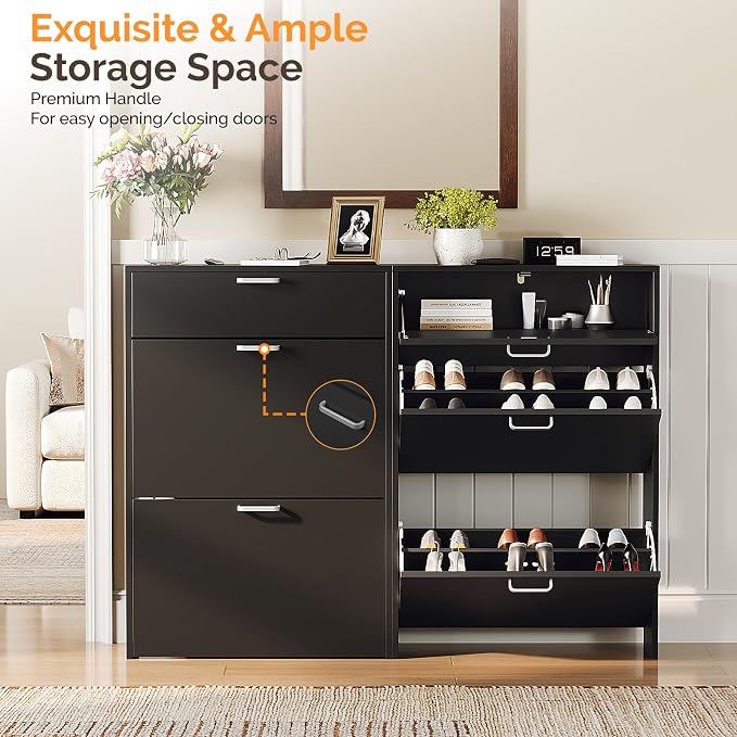 VINGLI Set of 2 Shoe Cabinets Storage for Entryway,2-Pack,Black | 16–24 Pairs,Skirting Board Cutout,Drop-Down Drawer,9.4"D Slim,Modern,2 Flip Drawers,Adjustable & Removable Shelf