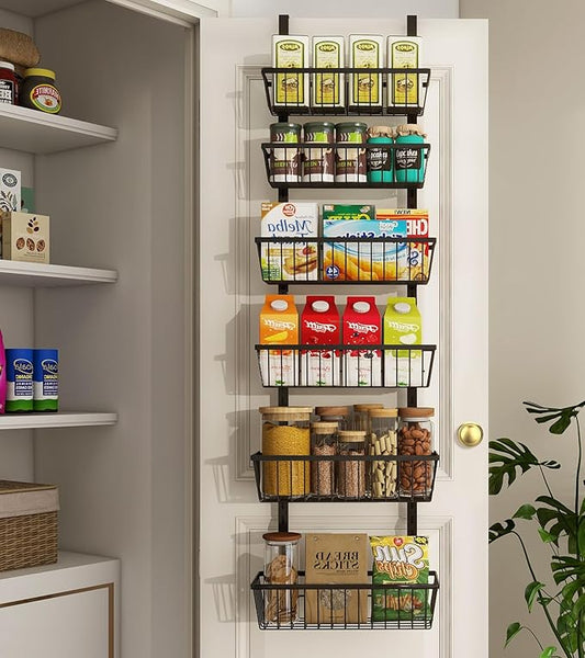 Mefirt 12 Inch Wide Narrow Over The Door Pantry Organizer 6-Tier Black | Pantry Hanging Organizers and Storage, Adjustable Heavy-Duty Metal for Home & Kitchen, Back of Door Seasoning Rack